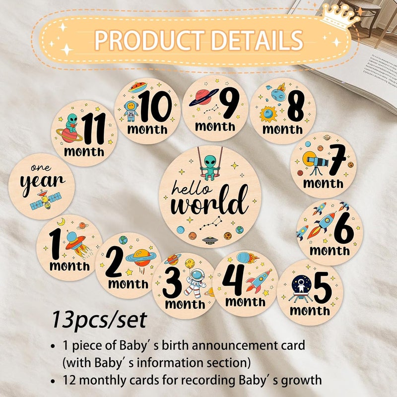 MCIAONE Baby Milestone Cards - Space Adventure Baby Monthly Milestone Signs, Rocket & Planet Wooden Signs Discs for Photo Props, "Hello" Newborn Announcement Sign with Astronaut,Baby Shower/Gift Set(13pcs) - Image 4